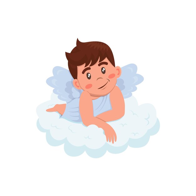 Little cute boy angel in cartoon style with blue dress and golden halo lies on a cloud