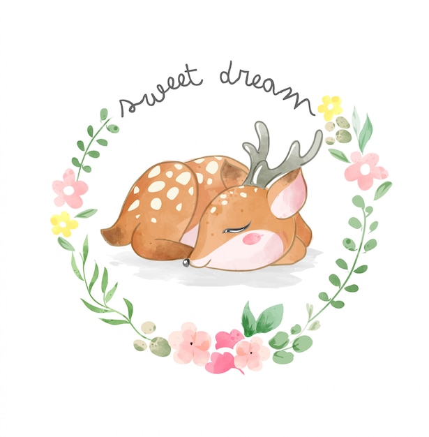 Little Cute Deer Sleeping in Circle Flowers Frame Illustration