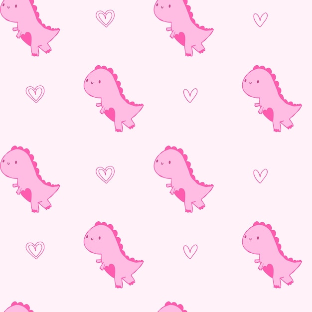 Vector little cute dinosaur with line hearts doodle. pink pastel pattern for paper, baby, scrapbook, kids.