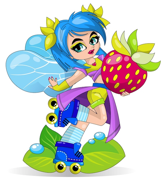 A little cute fairy girl with wings and a strawberry in her hands is rollerblading