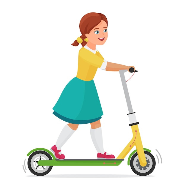 Little cute girl kid using electric scooter urban vehicle isolated