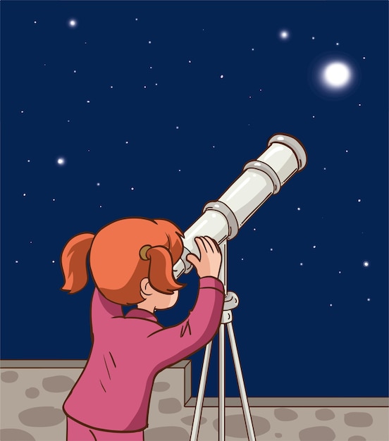 little cute girl looking through telescope at night cartoon vector illustration