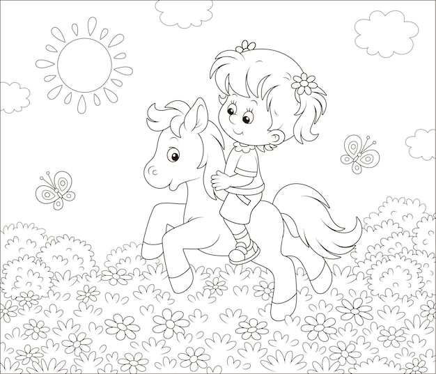 Little cute girl riding a pony among flowers and butterflies on a sunny summer day