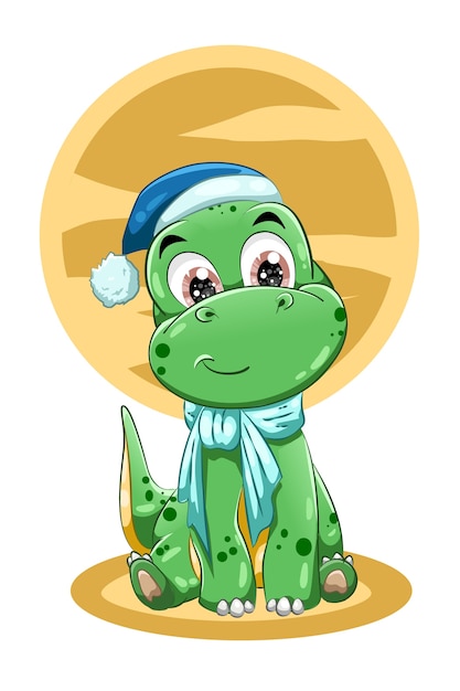 A little cute green dinosaur wearing blue hat. Illustration