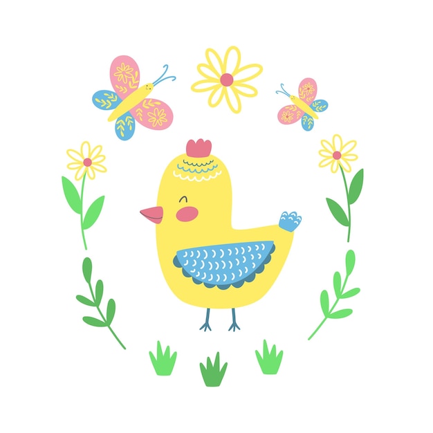 Vector little cute hen with flowers and buterfly happy easter decor vector illustration