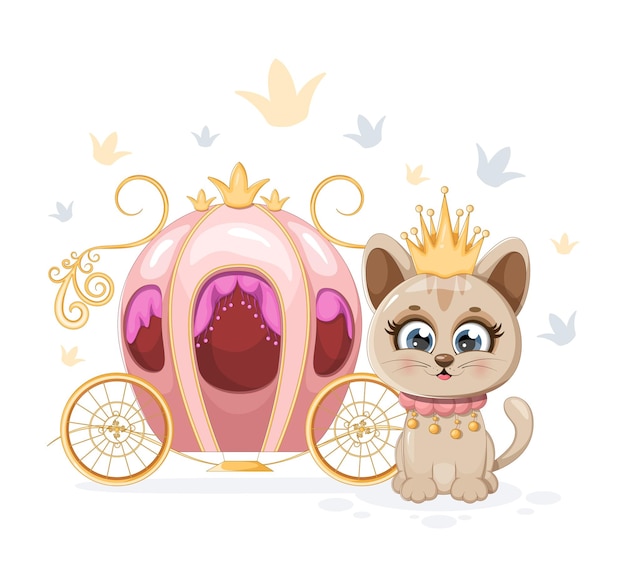 A little and cute kitten princess with crown near carriage