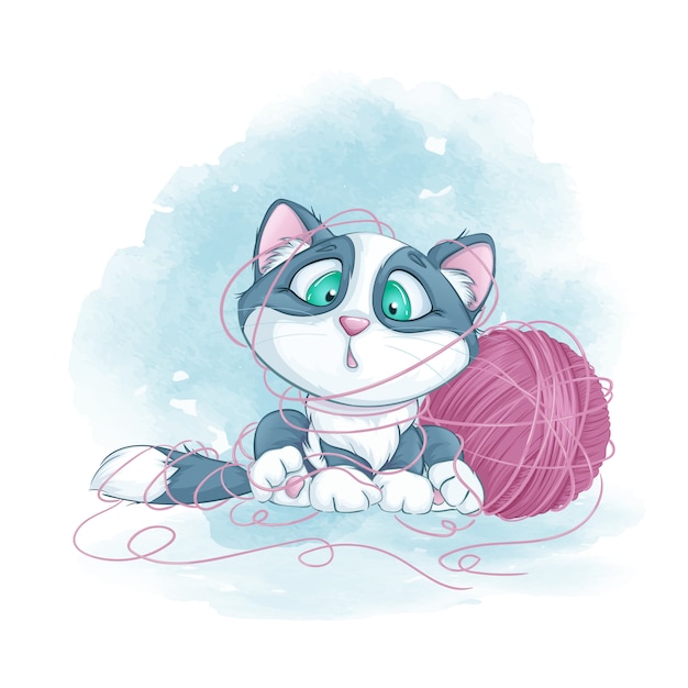 Little cute kitten tangled in a ball of yarn.