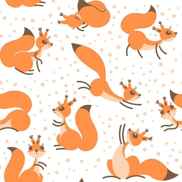 Little cute squirrels under snowfall. Seamless winter pattern for gift wrapping, wallpaper