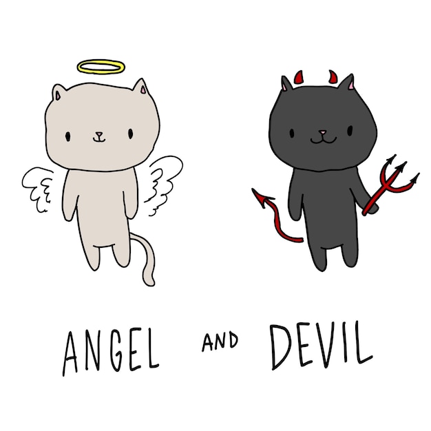 Little cute white and black cat with text angel, devil. Child cartoon character on an isolated