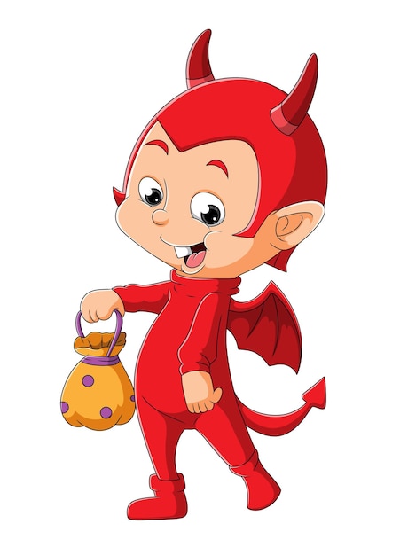 The little devil boy is holding a basket for the candies of illustration