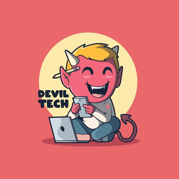 Little Devil character playing phone vector illustration. Technology, devil, tech design concept.