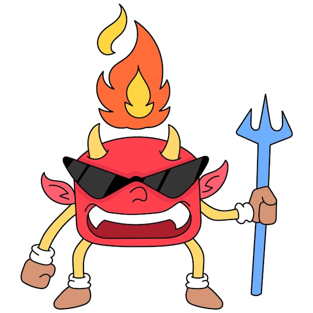 Little devil with fire on his head carrying a spear wants to do evil, vector illustration art. doodle icon image kawaii.