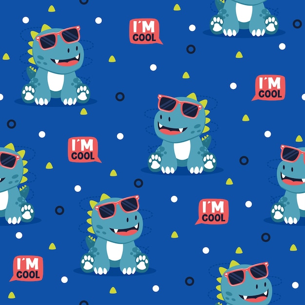 Little dinosaur with glasses cartoon vector pattern design concept