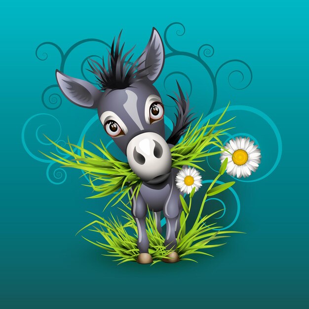 Little donkey in green grass over emerald