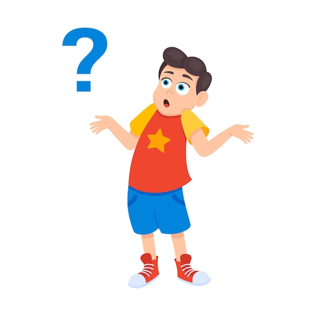 Little doubt boy kid asking question flat style design vector illustration