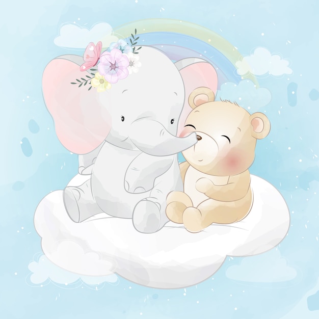 Little elephant and cute bear sitting in a cloud