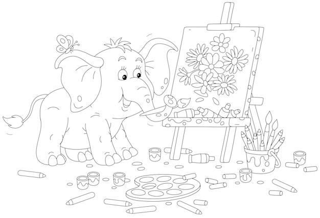 Little elephant drawing summer flowers on its easel with a paintbrush paints and pencils