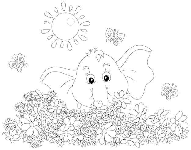 Little elephant playing with merry butterflies among flowers on a sunny summer day