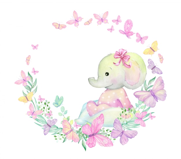 Little elephant, surrounded by butterflies, plants, sits. Watercolor illustration