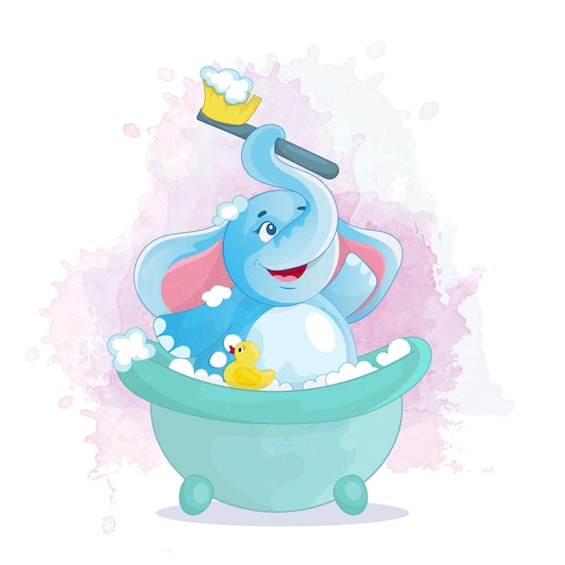 A little elephant takes a bubble bath A happy cartoonstyle character Childrens illustration