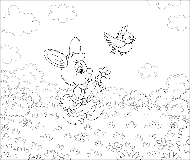 Little enamored bunny guessing on a daisy and walking on grass of a pretty summer field