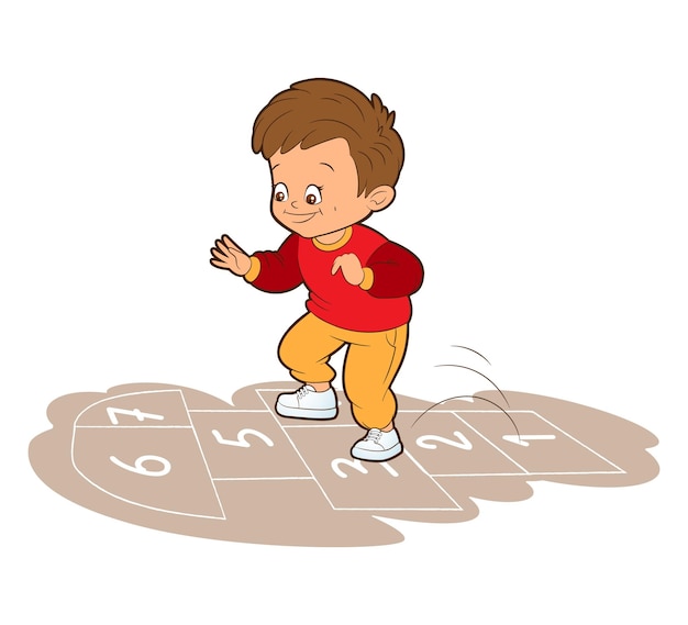 A little European boy in a burgundy sweatshirt is jumping while playing hopscotch Vector