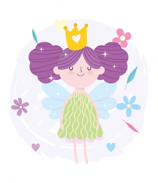 Little fairy princess bun hair with crown and flowers tale cartoon