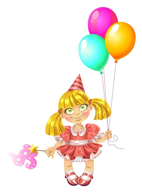 Little fairy in red dress with balloons in red Santas hood