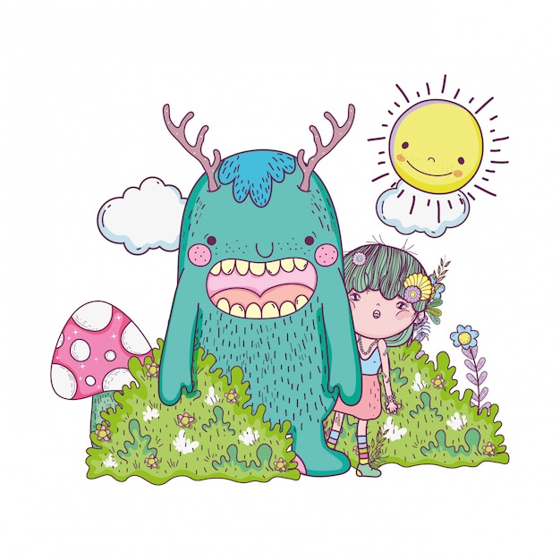 Little fairy with monster in the field