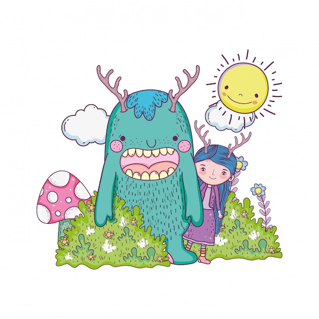 Little fairy with monster in the field