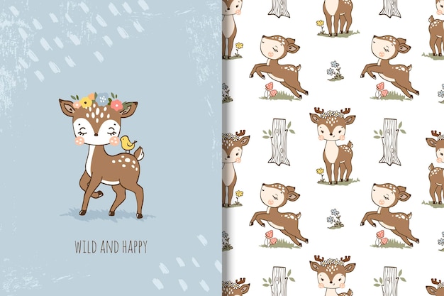 Little fawn cartoon seamless pattern illustration