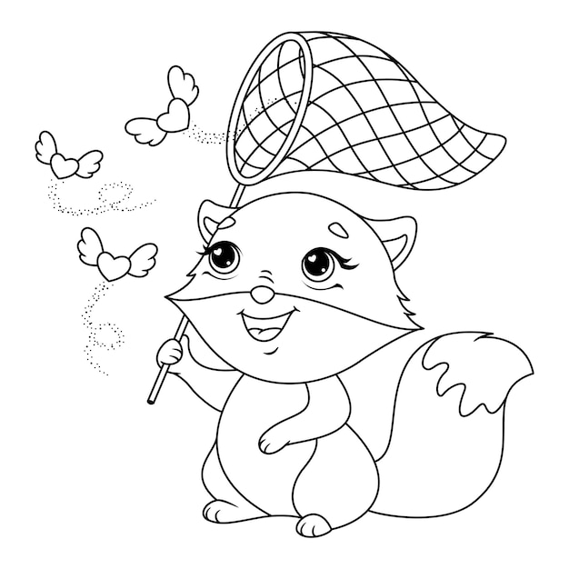 Little fox catches hearts black and white cartoon illustration