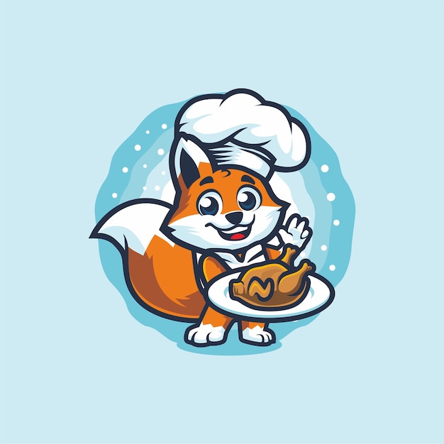 Little Fox Chef holding Roast Chicken Mascot Design