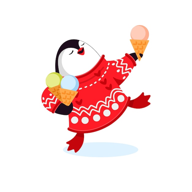 Little funny penguin eats ice cream and holds a bag of ice cream. Vector ,flat illustration, cartoon