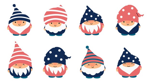 Vector little garden cute gnomes and elves in cartoon style characteristic fairies for children and kids kawaii gnome and magic elf design vector illustration