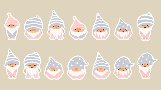 Vector little garden cute gnomes and elves in cartoon style characteristic fairies for children and kids kawaii gnome and magic elf design vector illustration