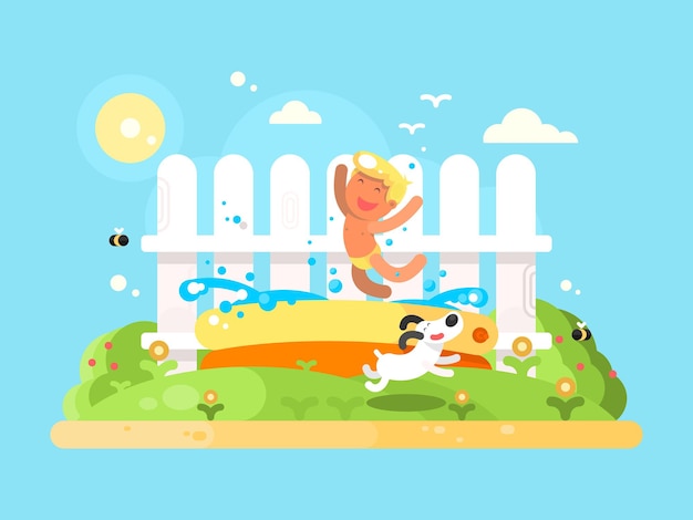 Little but in garden pool having fun. Sumer vication, running dog. Flat vector illustration