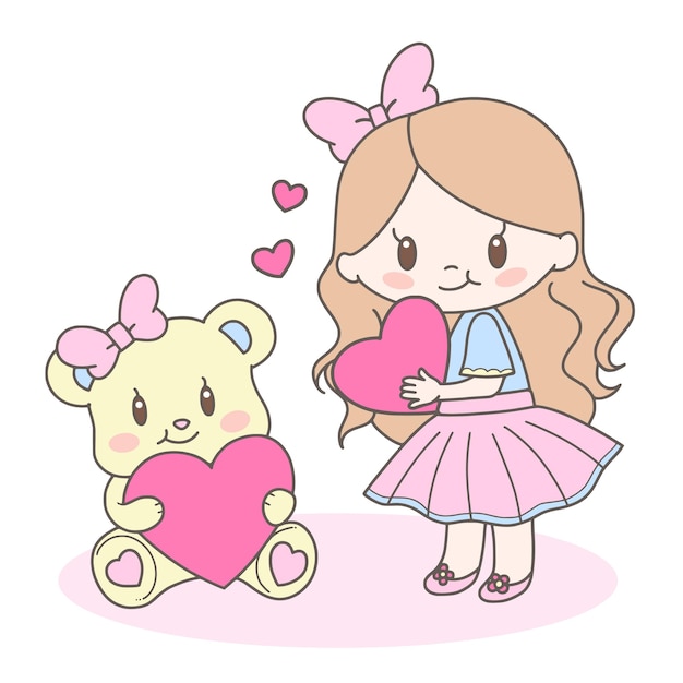 Little Girl and Bear with Hearts