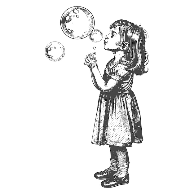 little girl blow soap bubbles with engraving style