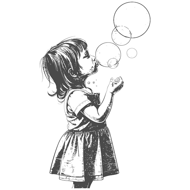 little girl blow soap bubbles with engraving style