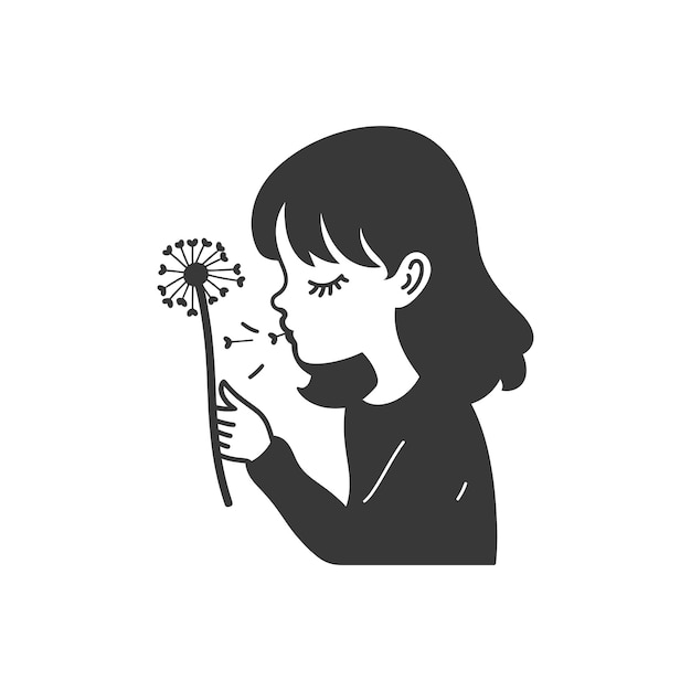 little girl blows dandelion flower minimalist line art icon logo symbol