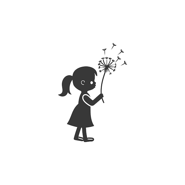 little girl blows dandelion flower minimalist line art icon logo symbol