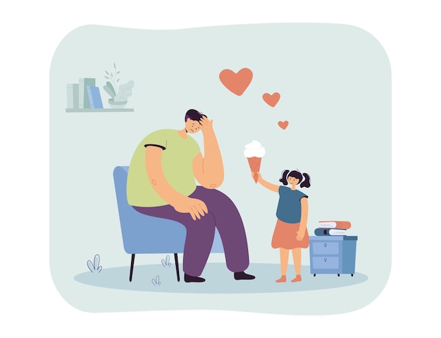 Little girl calming her sad father. Flat  illustration