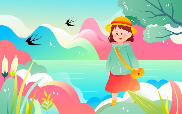 A little girl carrying a bag on a spring tour spring scenery with green mountains and water vector