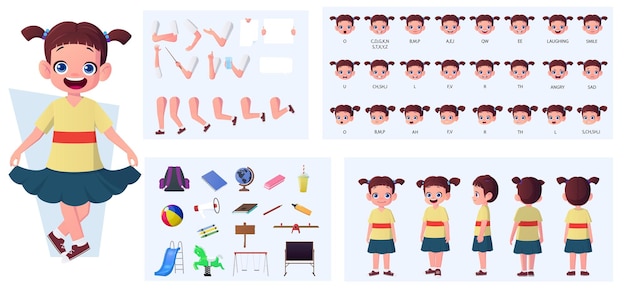 Little Girl Character Creation Pack with Turnaround View. Lip-sync, Emotions, Hand Gestures, Pose and Various School and Playground Items Vector Illustration