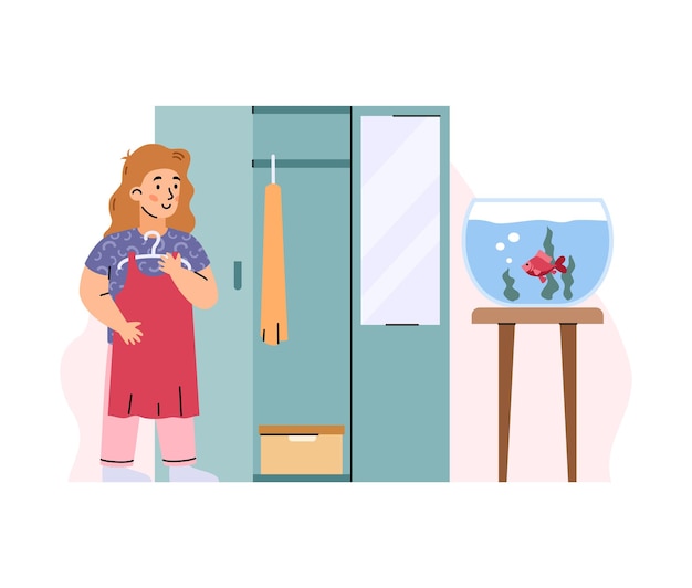 Little girl cleans room and hangs clothes cartoon vector illustration isolated