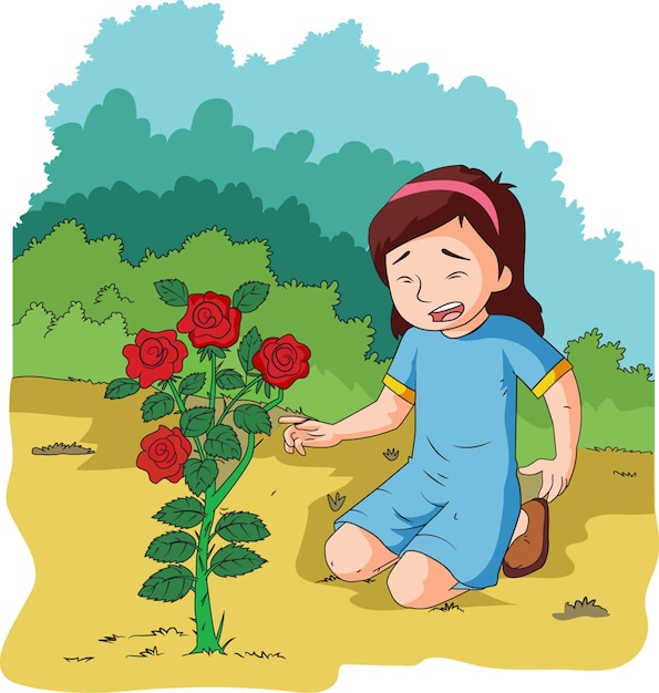 Little girl crying in pain due to rose thorn vector illustration