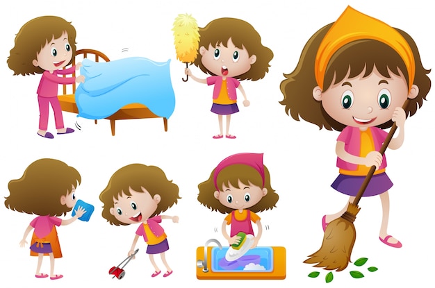 Little girl doing different housework