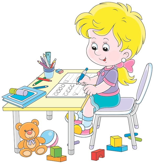 Little girl doing her homework in an exercise book with samples of writing