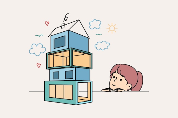 Little girl dreams of own house seeing model of house in modern architectural style